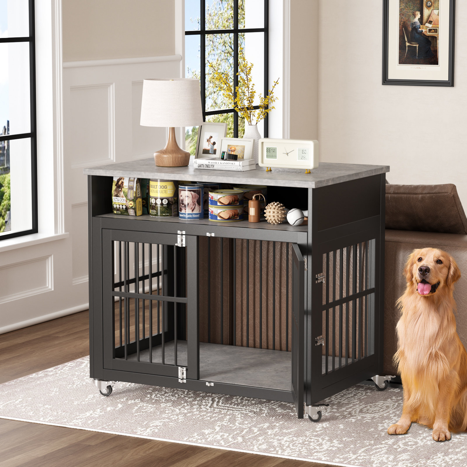 Tucker Murphy Pet Large Dog Crate Furniture With Wheels 40 Inch Wooden Dog Crate Heavy Duty Dog Crate For Medium large Dogs 3 Doors Dog Kennel Indoor 110 Lbs Weight Capacity Wayfair